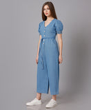 Denim Jumpsuit with Puff Sleeves