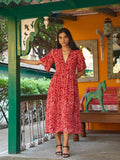 Classic V-neck Women's Red Printed dress