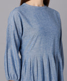 Cotton Denim Dress with Pleated Waist