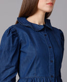 Cotton Denim Dress with Puff Sleeves