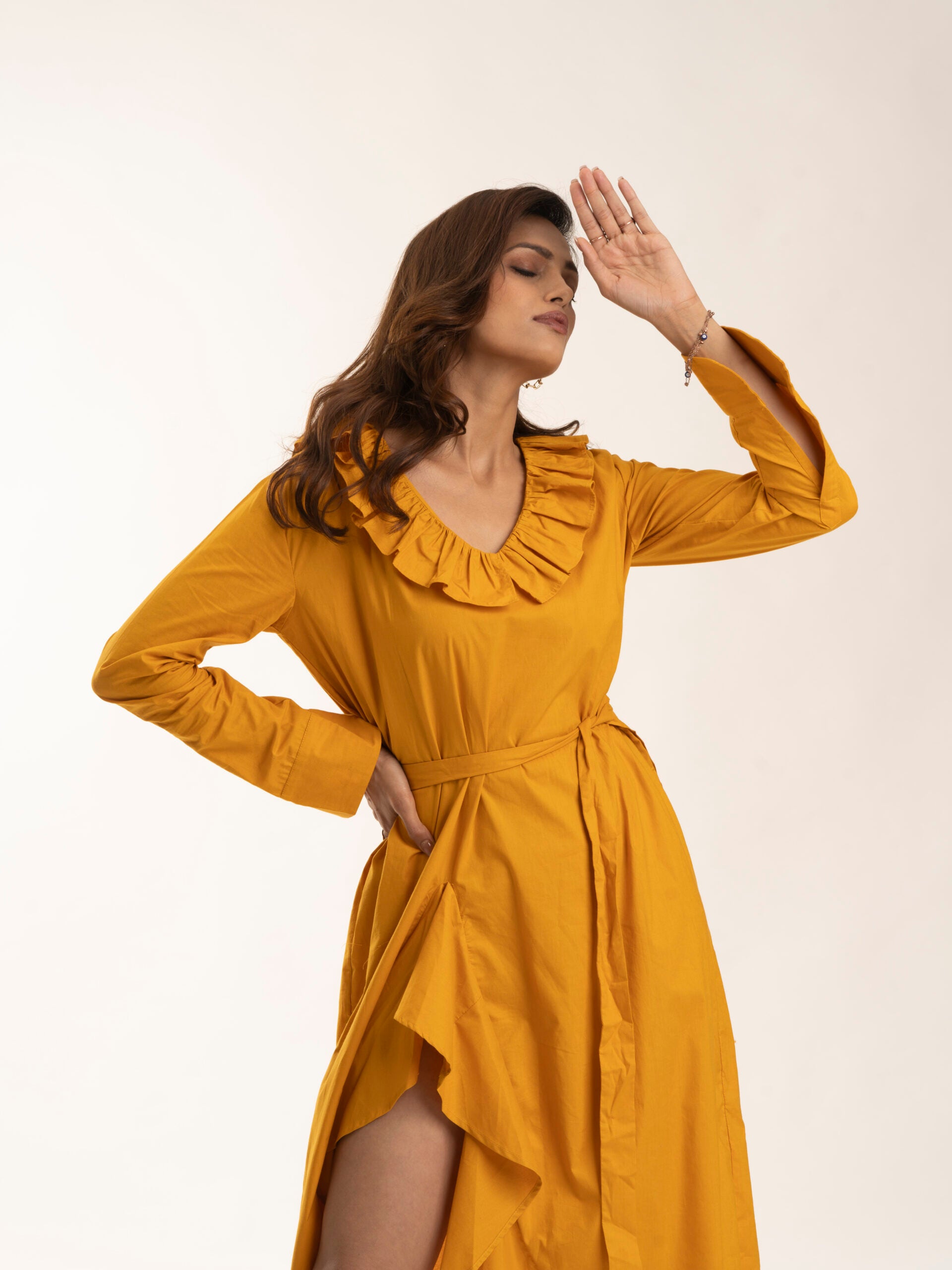 Mustard Yellow Knee length 100 cotton frill dress