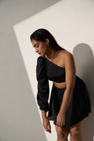 Classic One shoulder Black Satin dress for Women- Plus Size