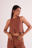 Brown 100% Linen High neck Women's Top