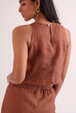 Brown 100% Linen High neck Women's Top