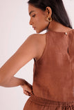 Brown 100% Linen High neck Women's Top