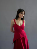 Women's Deep Neck Slit Red Midi Dress