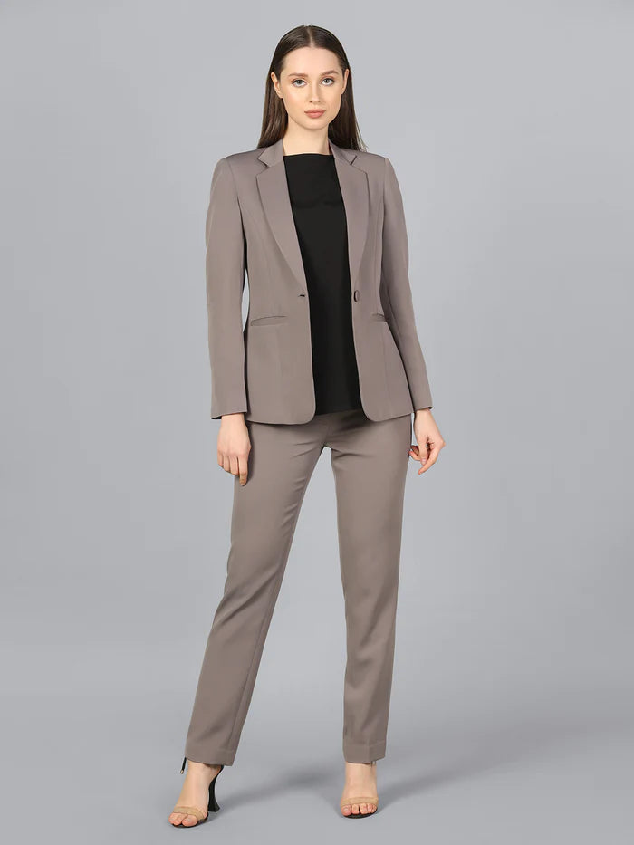 Plain Attic Wide Leg Grey Color Women Business Pant Suit, Waist