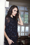 Women's Georgette Round Neck Navy Blue Embroidered Dress