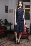 Women's Georgette Round Neck Navy Blue Embroidered Dress