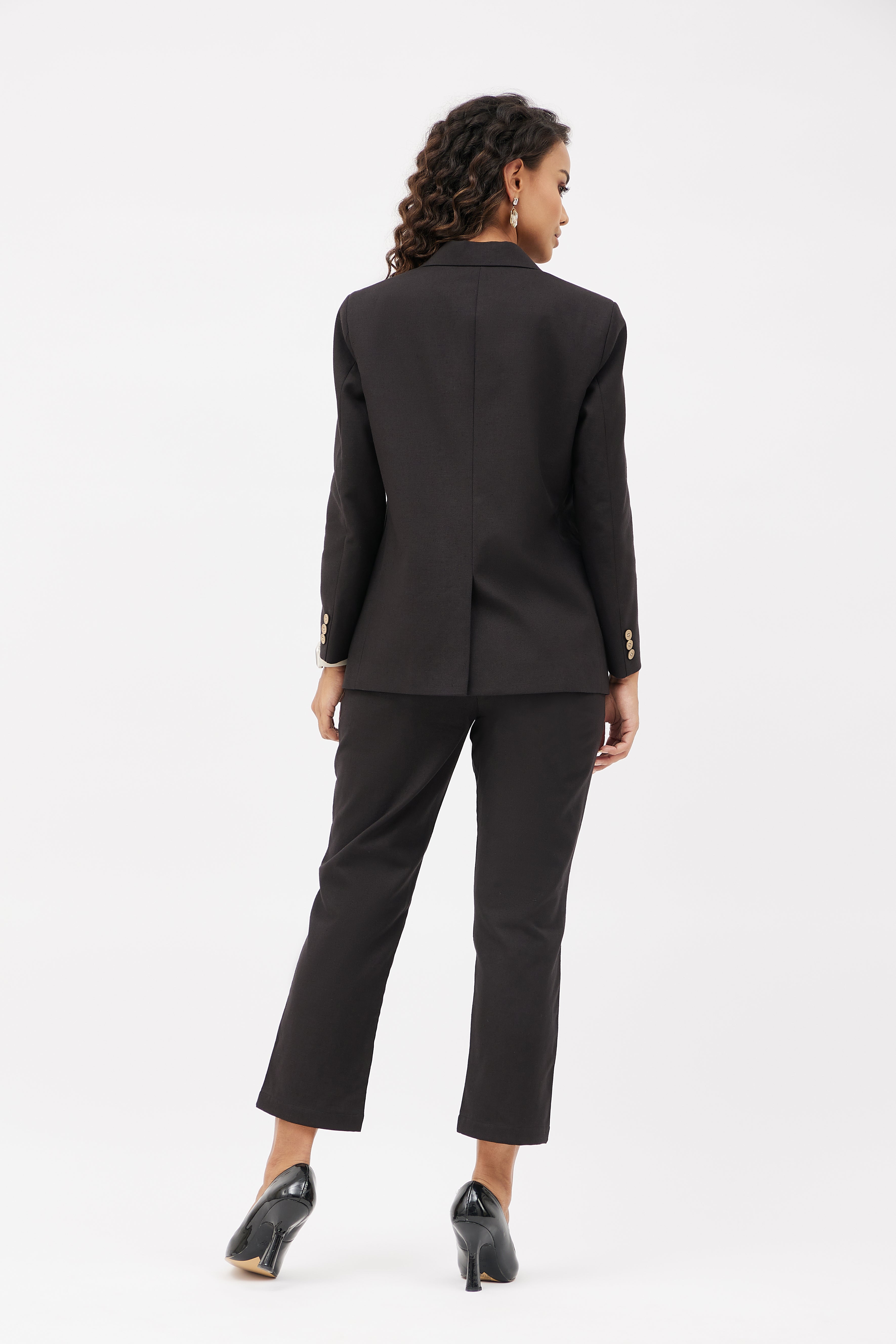 Classic Work Blazer & Trouser Women's Linen Pant Suit Set - Black