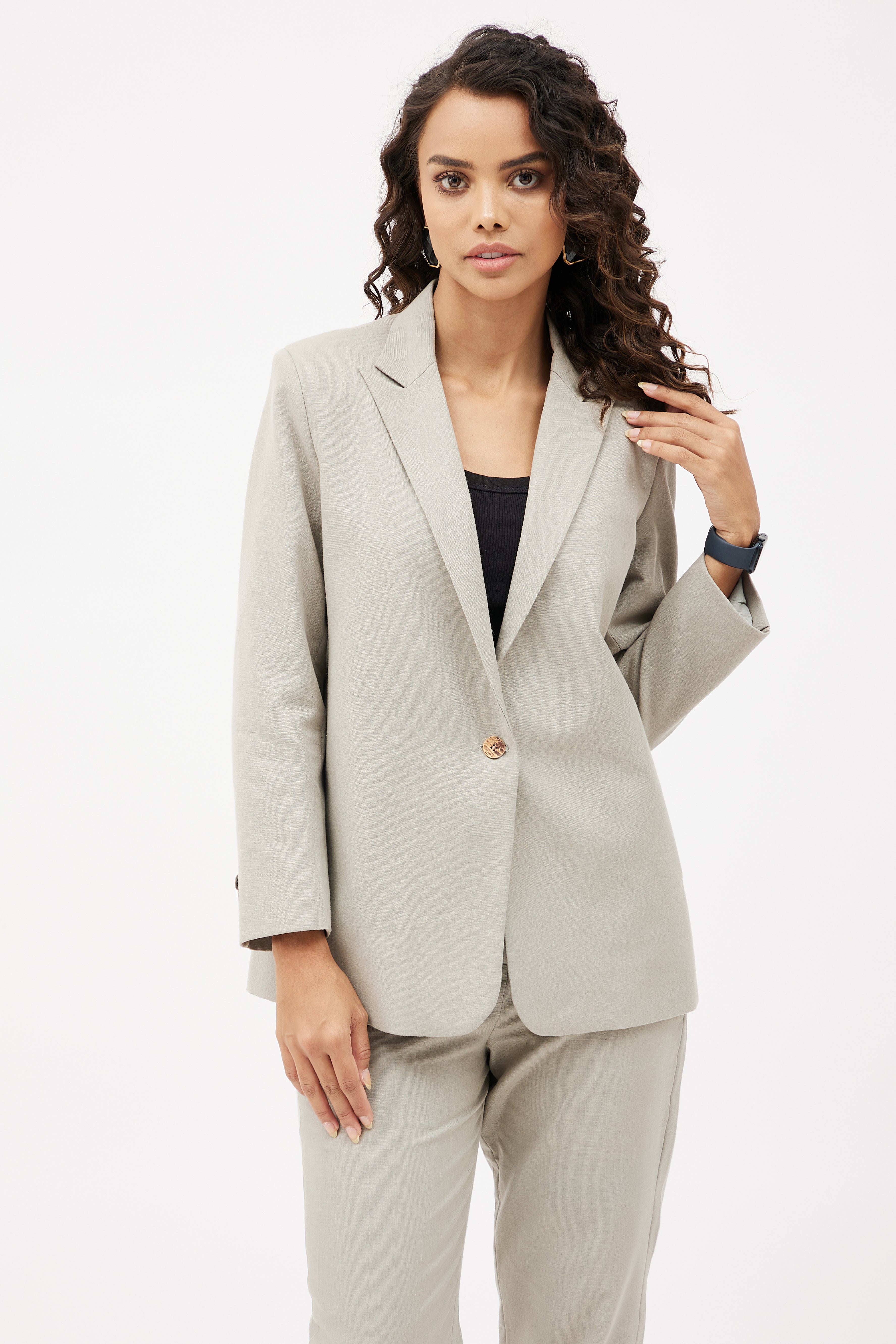 Classic Work Blazer & Trouser Women's Linen Pant Suit Set - Grey