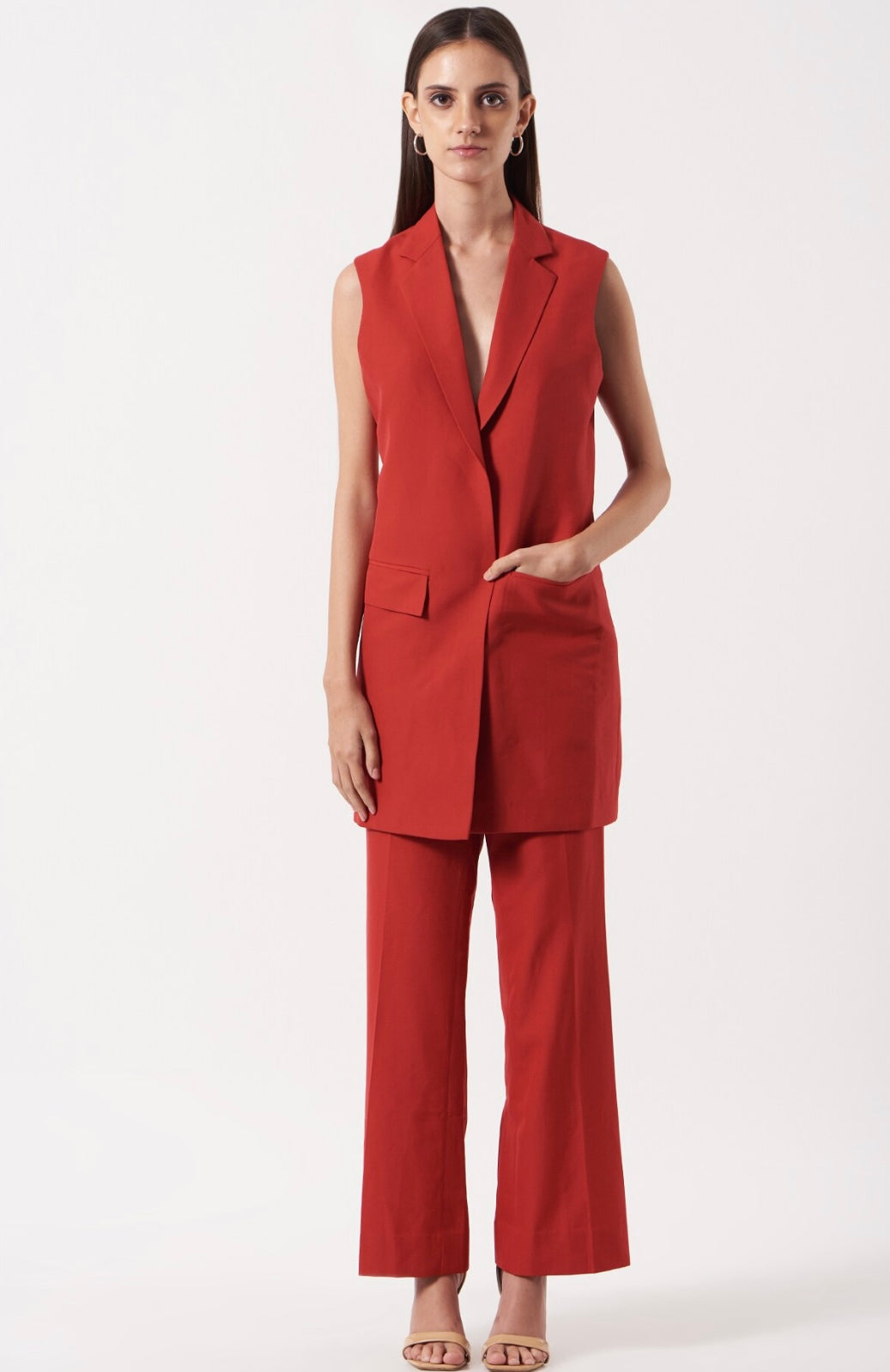 Women's Solid Red Waistcoat And Flare Pant co-ord set – The