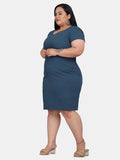 Women's Plus size Solid Colour Stretch Dress - Teal Blue