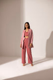 Pink Suede Open Front Jacket And Pant Set For Women- Kritika Madan Label