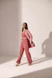 Pink Suede Open Front Jacket And Pant Set For Women- Kritika Madan Label