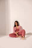 Pink Suede Open Front Jacket And Pant Set For Women- Kritika Madan Label