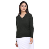 Women's Bottle Green V neck Cotton Pullover 