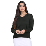 Women's Bottle Green V neck Cotton Pullover 