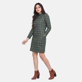 Plus Size Women Green Checkered Wool Dress