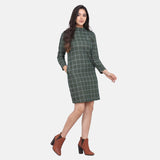 Plus Size Women Green Checkered Wool Dress