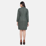 Plus Size Women Green Checkered Wool Dress