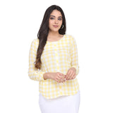 Lemon Yellow Checkered Full Sleeves Cotton Top 