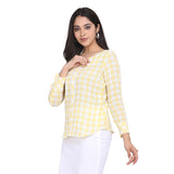 Lemon Yellow Checkered Full Sleeves Cotton Top 