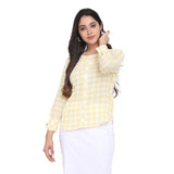 Lemon Yellow Checkered Full Sleeves Cotton Top 