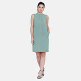 Ladies Meadow Green Pintucks Sleeveless Shift Dress