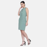 Ladies Meadow Green Pintucks Sleeveless Shift Dress