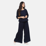 Navy Blue Poly Moss Pleat detailed Palazzo Set 