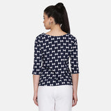 Navy Blue and White  Printed American Crepe Women's Top