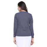 Navy Blue With White Stripes Cotton Women's Top- PowerSutra