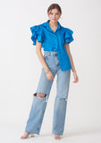 Blue Raffle sleeves Cotton Shirt for women 