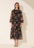 Black Georgette Floral Women's Midi Dress