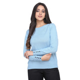 Sky Blue Full Sleeves Buttoned Pullover Women's Sweater