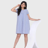 Sky Blue Gingham Cotton Short Sleeves Dress