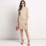 Tan Knee Length Cotton Sheath Dress