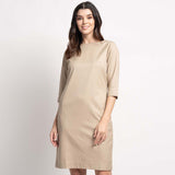 Tan Knee Length Cotton Sheath Dress