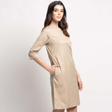 Tan Knee Length Cotton Sheath Dress