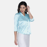 Office Formal Women's Blue Satin Shirt