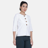 Comfort fit White Cotton Flap & wood Button Top