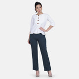 Comfort fit White Cotton Flap & wood Button Top