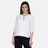 White Women's Cotton Wood Button Detail Top