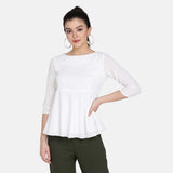 White High Waist Flare Boat neck Poly Moss Top