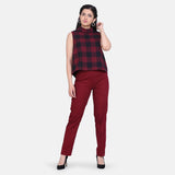 Wine Red Checkered Women Cotton Trapeze Top