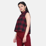 Wine Red Checkered Women Cotton Trapeze Top