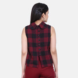 Wine Red Checkered Women Cotton Trapeze Top