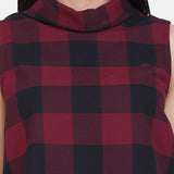 Wine Red Checkered Women Cotton Trapeze Top