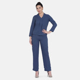 Yale Blue Poly Crepe Ladies Office Pant Suit